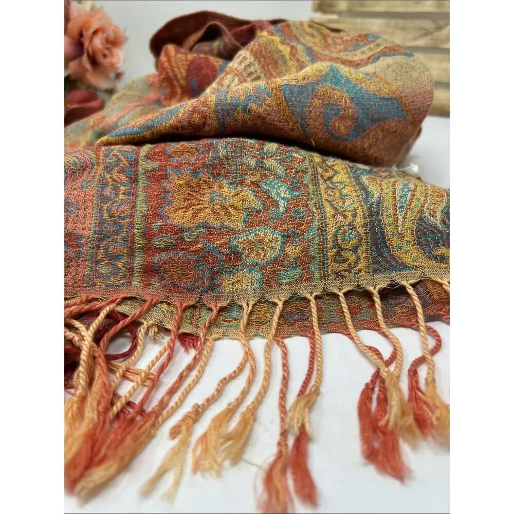 Pashmina Rust & Teal paisley woven shawl scarf
